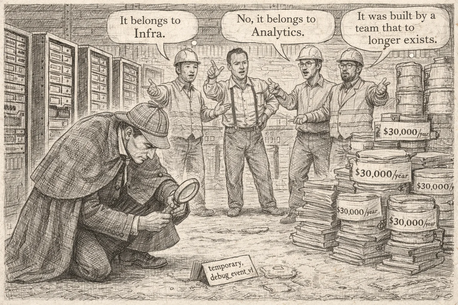 Pencil illustration of teams arguing over ownership of shared data platform costs.