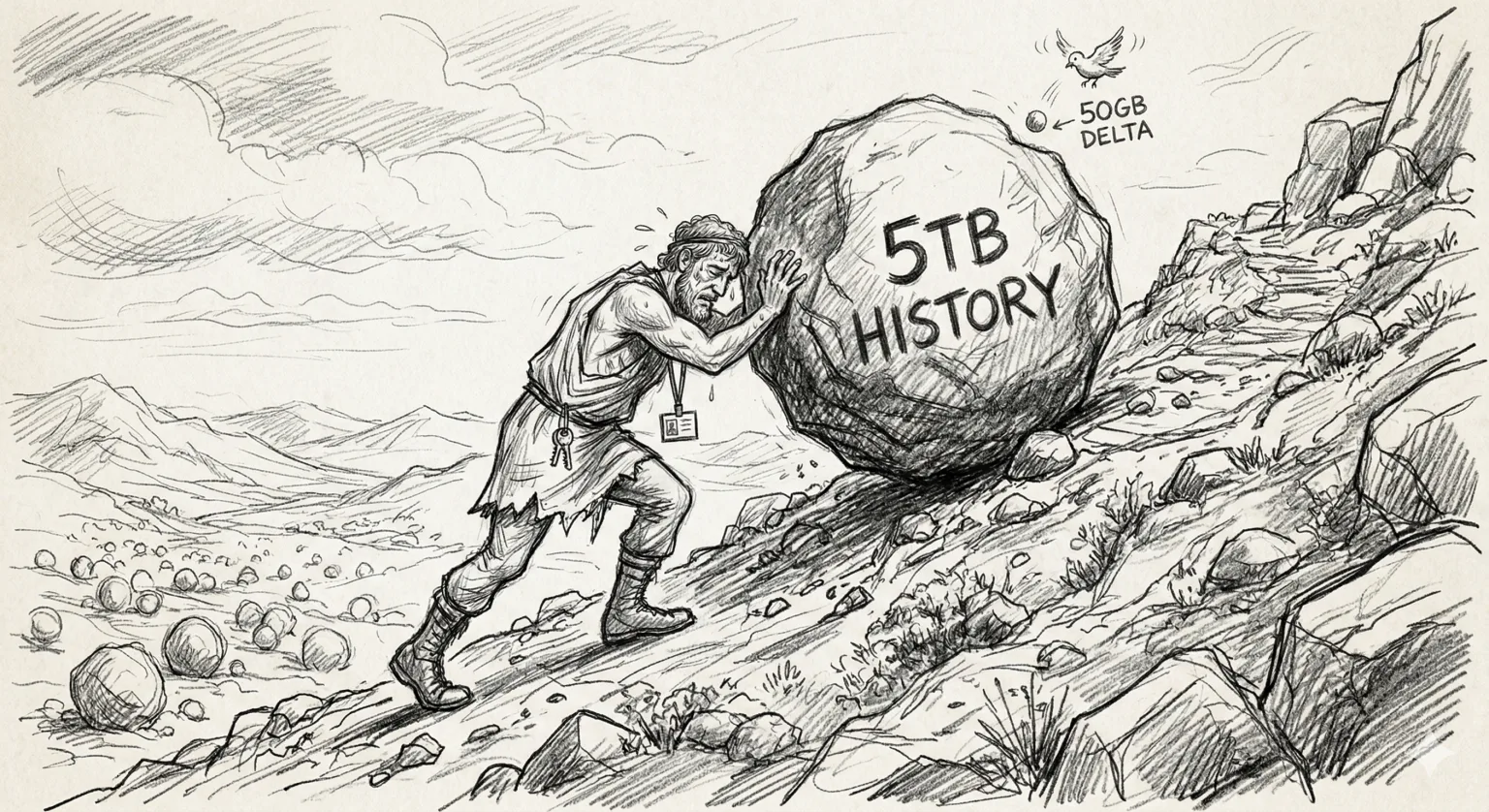 Pencil illustration of a worker pushing a five-terabyte history boulder while a small fifty-gigabyte delta arrives.