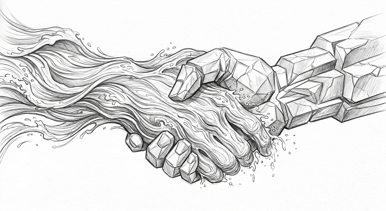Pencil illustration of a handshake where one hand is formed from a flowing stream of water and the other from solid stone blocks, the two merging at the grip.